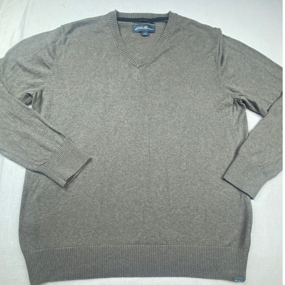 Eddie Bauer Mens V-Neck Sweater Large Brown Cotton Cashmere Blend Knit